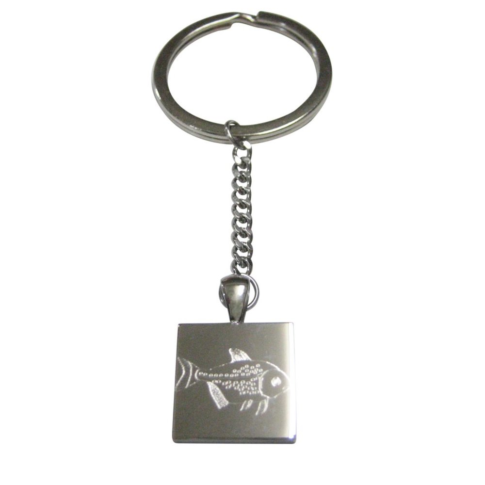 Silver Toned Square Etched Piranha Pirana Fish Pendant Keychain